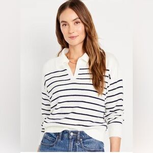 Old Navy Striped White and Navy Women's V-Neck Collared Sweater Sz L